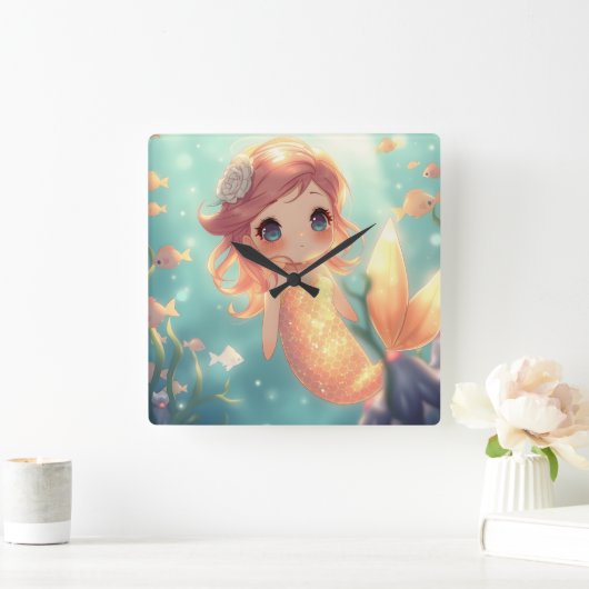 かわいい金色の人魚の水中世界 スクエア壁時計 (ホーム)