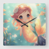 かわいい金色の人魚の水中世界 スクエア壁時計 (正面)