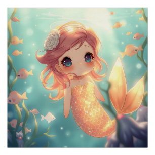 かわいい金色の人魚の水中世界 ポスター