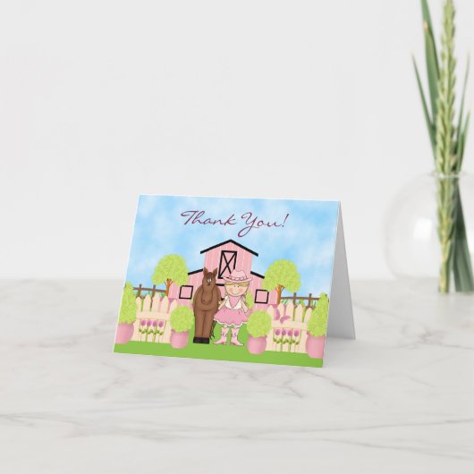 かわいい金髪のカウガールと茶色の馬のサンキュー サンキューカード (正面)