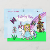 かわいい金髪のプリンセスとユニコーンの誕生日招待状 ポストカード (正面/裏面)