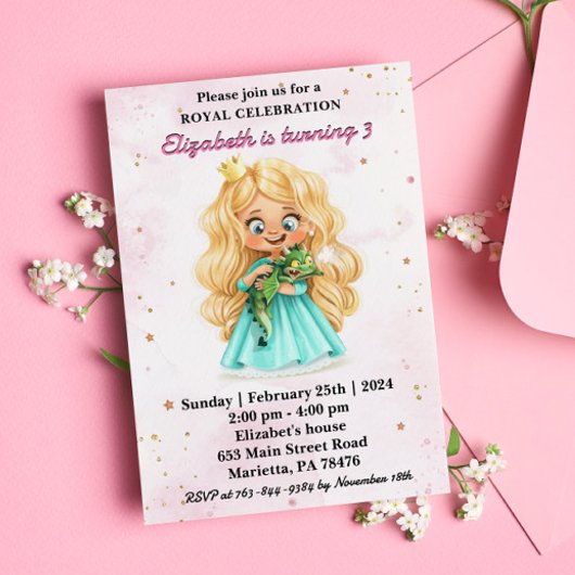 かわいい金髪のプリンセスのドラゴン誕生日パーティー 招待状