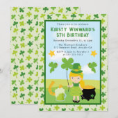 かわいい金髪の女の子が主役のセントパトリックデーの子供の誕生日 招待状 (正面/裏面)