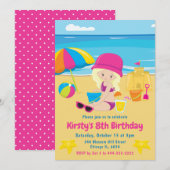 かわいい金髪の女の子の夏のビーチの誕生日パーティー 招待状 (正面/裏面)