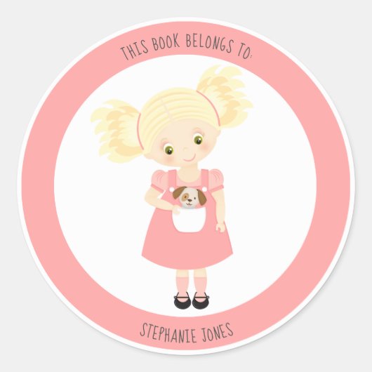 かわいい金髪の少女と子犬この本は属している ラウンドシール (正面)
