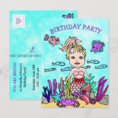 かわいい金髪の紫の人魚の誕生日招待状 ポストカード (正面/裏面)