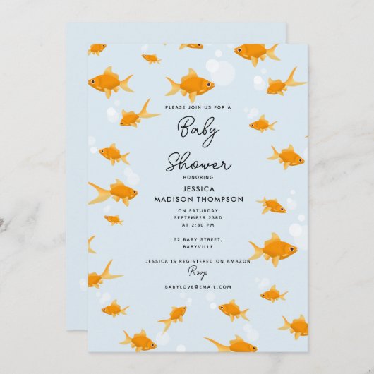 かわいい金魚が水泳赤ちゃんシャワー 招待状 (正面/裏面)