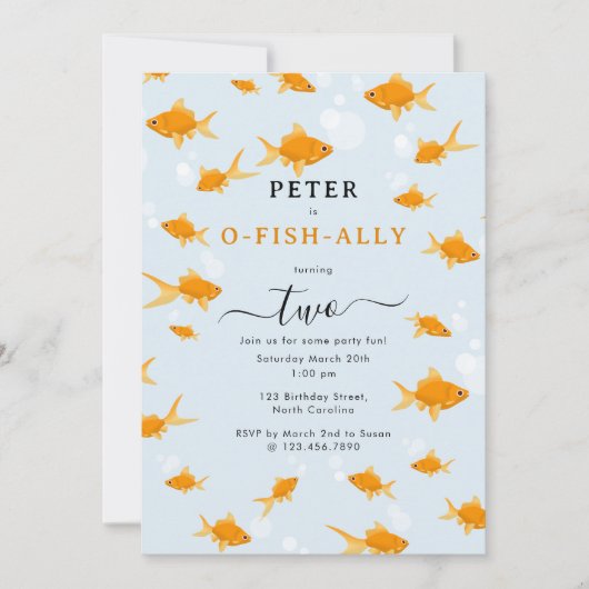 かわいい金魚スイミングウォーターまたは魚のアリ誕生日 招待状 (正面)
