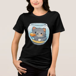 かわいい金魚鉢の子猫 トライブレンドTシャツ