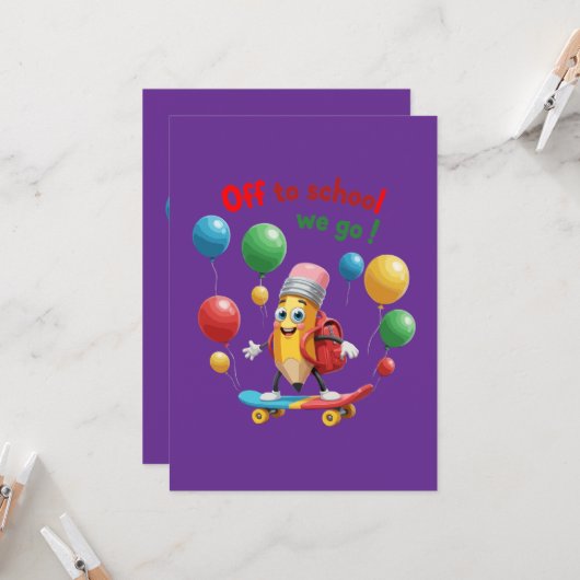  かわいい鉛筆のスケートボード | 楽しい新学期  招待状 (正面/裏面インサイチュ)