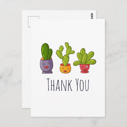 かわいい鉢植えのサボテン3つで楽しいサンキュー ポストカード (正面/裏面)