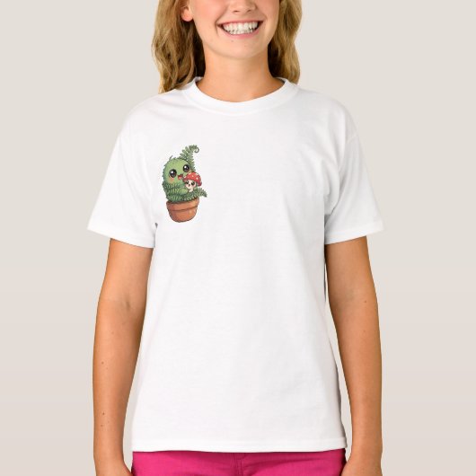 かわいい鉢植えのシダモンスターがキノコを抱っこしている子供たち Tシャツ (正面)