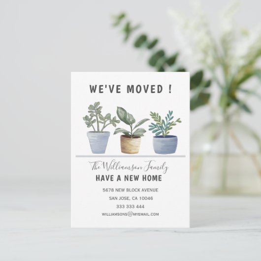 かわいい鉢植え引っ越しました発表 案内ポストカード (スタンド正面)