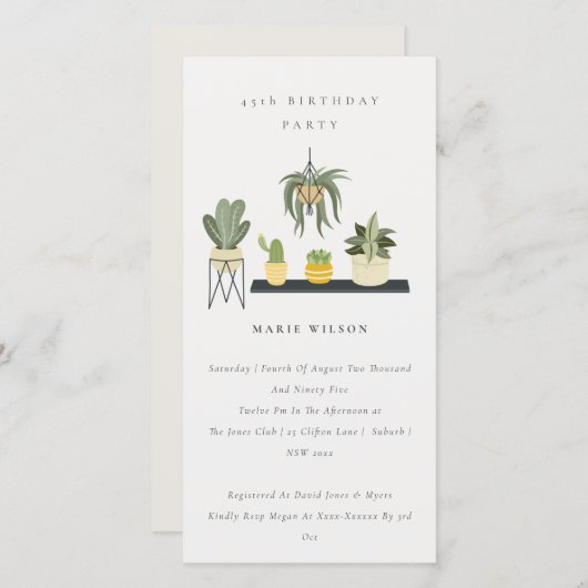 かわいい鉢植え葉植物任意の年齢誕生日招待状 サンキューカード (正面/裏面)