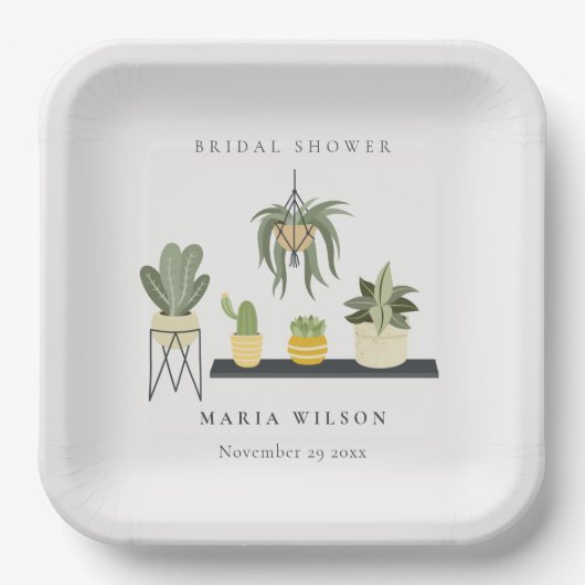 かわいい鉢状の葉状の多肉植物ブライダルシャワー ペーパープレート (正面)