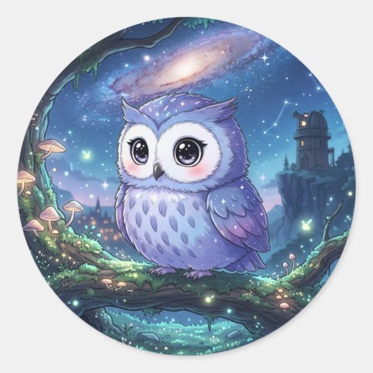 かわいい銀河フクロウステッカー ラウンドシール (正面)
