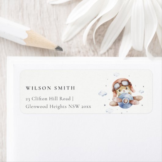 かわいい錆のネイビーキッド飛行機テディクラウドスターズアドレス ラベル (インサイチュ)