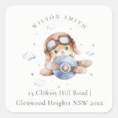 かわいい錆のネイビー飛行機テディクラウドスターズスカイアドレス スクエアシール (正面)