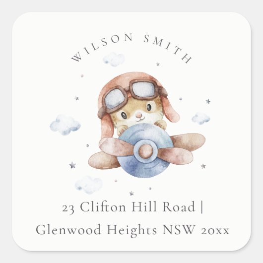 かわいい錆のネイビー飛行機テディクラウドスターズスカイアドレス スクエアシール (正面)