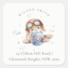 かわいい錆のネイビー飛行機テディクラウドスターズスカイアドレス スクエアシール