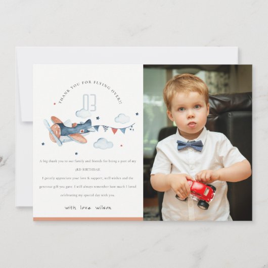 かわいい錆のネイビー飛行機雲キッズフォト誕生日 サンキューカード (正面)