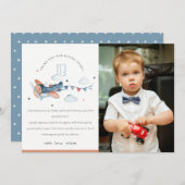 かわいい錆のネイビー飛行機雲キッズフォト誕生日 サンキューカード (正面/裏面)