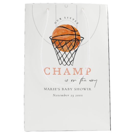 かわいい錆の私たちの小さなチャンプバスケットボールベビーシャワー ミディアムペーパーバッグ (正面)