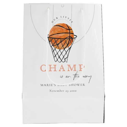 かわいい錆の私たちの小さなチャンプバスケットボールベビーシャワー ミディアムペーパーバッグ (裏面)