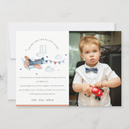 かわいい錆びたネイビーの飛行機と雲の子供写真誕生日 サンキューカード