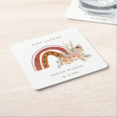 かわいい錆オレンジボホフローラレインボーベビーシャワー スクエアペーパーコースター (アングル)