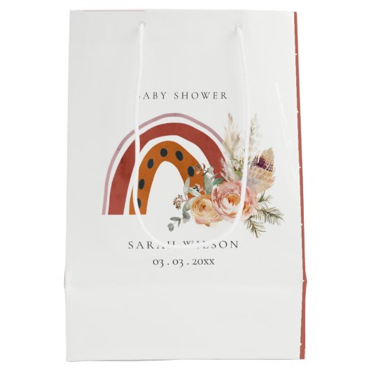 かわいい錆オレンジボホフローラレインボーベビーシャワー ミディアムペーパーバッグ (裏面)