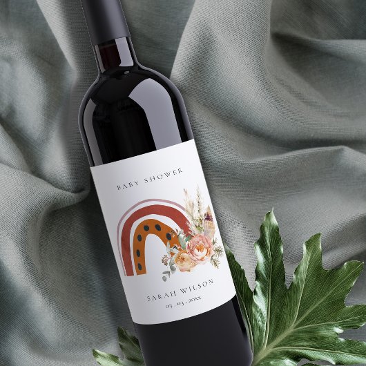 かわいい錆オレンジボホフローラレインボーベビーシャワー ワインラベル