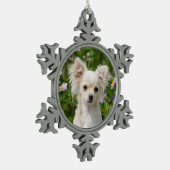 かわいい長い髪のクリーム色のチワワ犬の子犬の写真* スノーフレークピューターオーナメント (左)