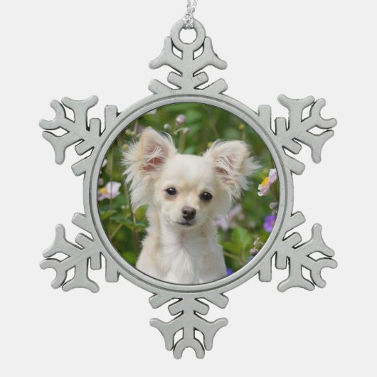 かわいい長い髪のクリーム色のチワワ犬の子犬の写真* スノーフレークピューターオーナメント (正面)