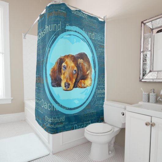 かわいい長い髪のダックスフントの子犬 シャワーカーテン (インサイチュ)