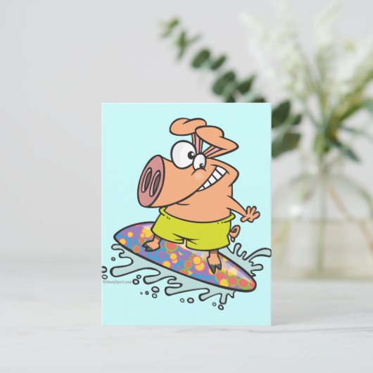 かわいい間抜けサーファーサーフィン豚 ポストカード (スタンド正面)