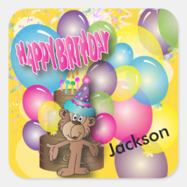かわいい間抜けモンキーイエローバースデーパーティー スクエアシール