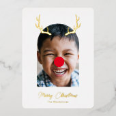 かわいい間抜けルドルフのトナカイの写真と金ゴールド 箔シーズンカード (正面)