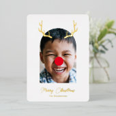 かわいい間抜けルドルフのトナカイの写真と金ゴールド 箔シーズンカード (立ち正面)