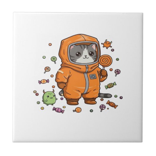 かわいい防護服のネコのハロウィンのお菓子のモンスターの楽しみの大きすぎる タイル (正面)