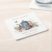 かわいい陽気なバラフローラティーポットブライダルシャワー スクエアペーパーコースター (アングル)