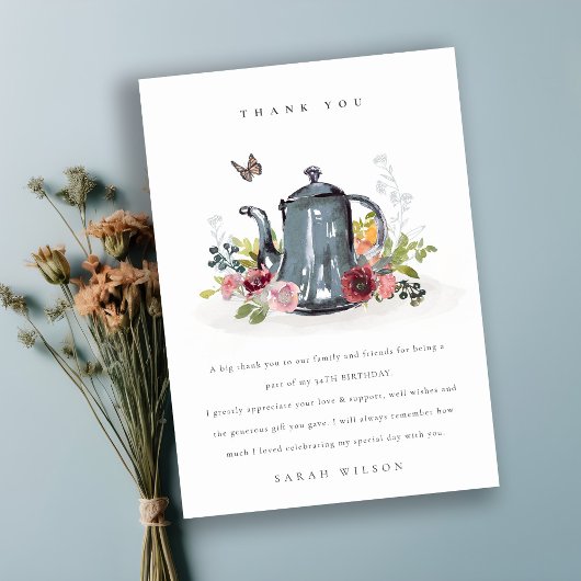 かわいい陽気なバラフローラティーポット任意の年齢誕生日 サンキューカード