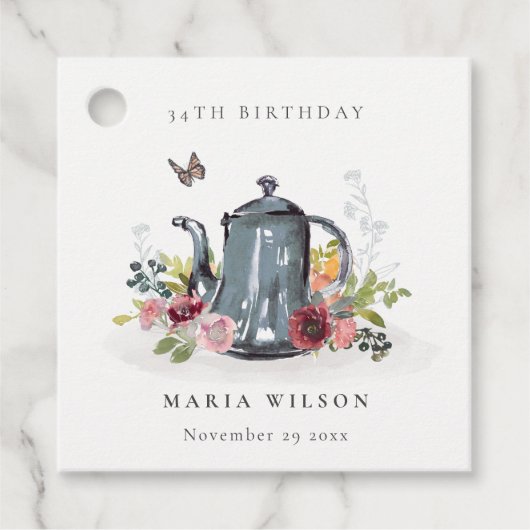 かわいい陽気なバラフローラティーポット任意の年齢誕生日 フェイバータグ (正面)