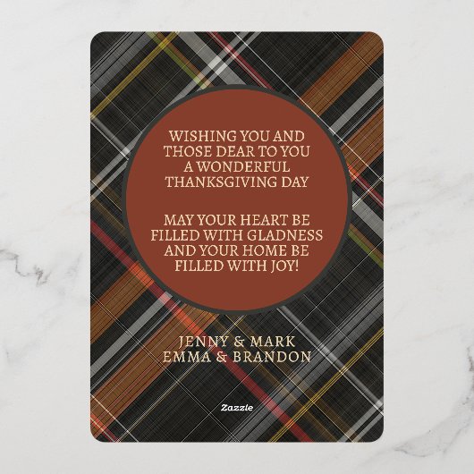 かわいい陽気な感謝祭の格子模様金ゴールド 箔シーズンカード (裏面)