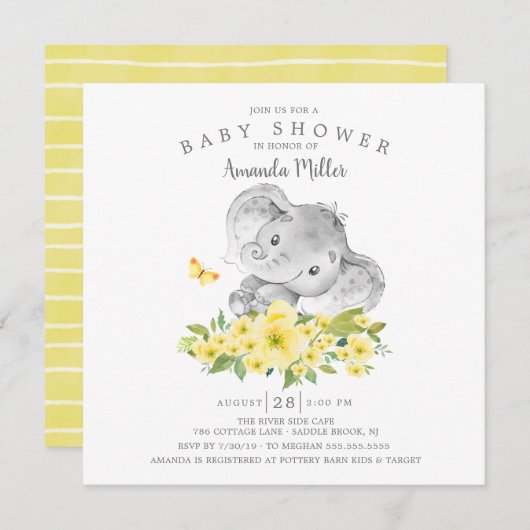 かわいい陽気な象の赤ちゃん男の子のシャワー 招待状 (正面/裏面)