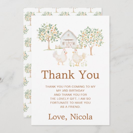 かわいい雌鳥の農場の納屋の誕生日パーティー サンキューカード (正面/裏面)