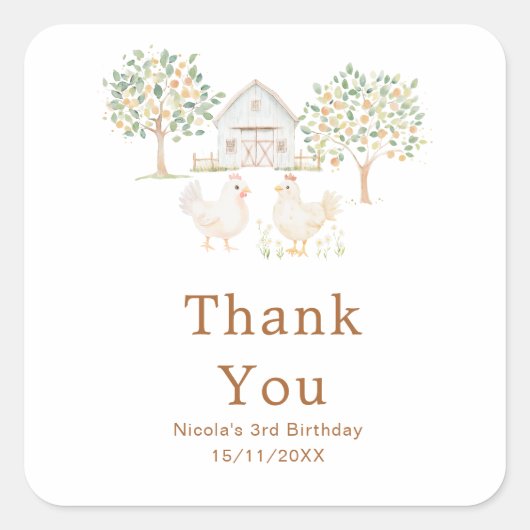かわいい雌鳥の農場の納屋の誕生日パーティー スクエアシール (正面)