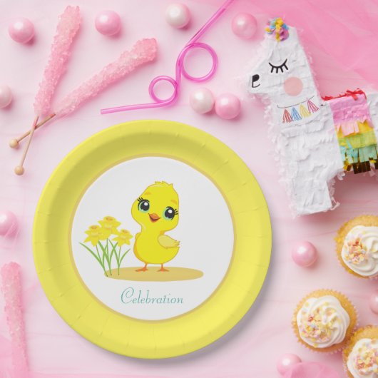 かわいい雛と花オンイエロー&ホワイト紙Pl ペーパープレート (パーティー)