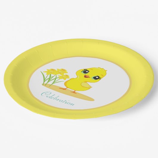 かわいい雛と花オンイエロー&ホワイト紙Pl ペーパープレート (アングル)