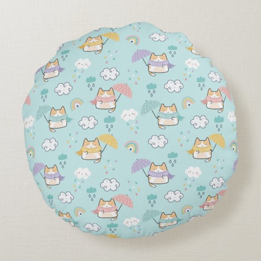 かわいい雨の日の模様丸い枕 ラウンドクッション (裏面)
